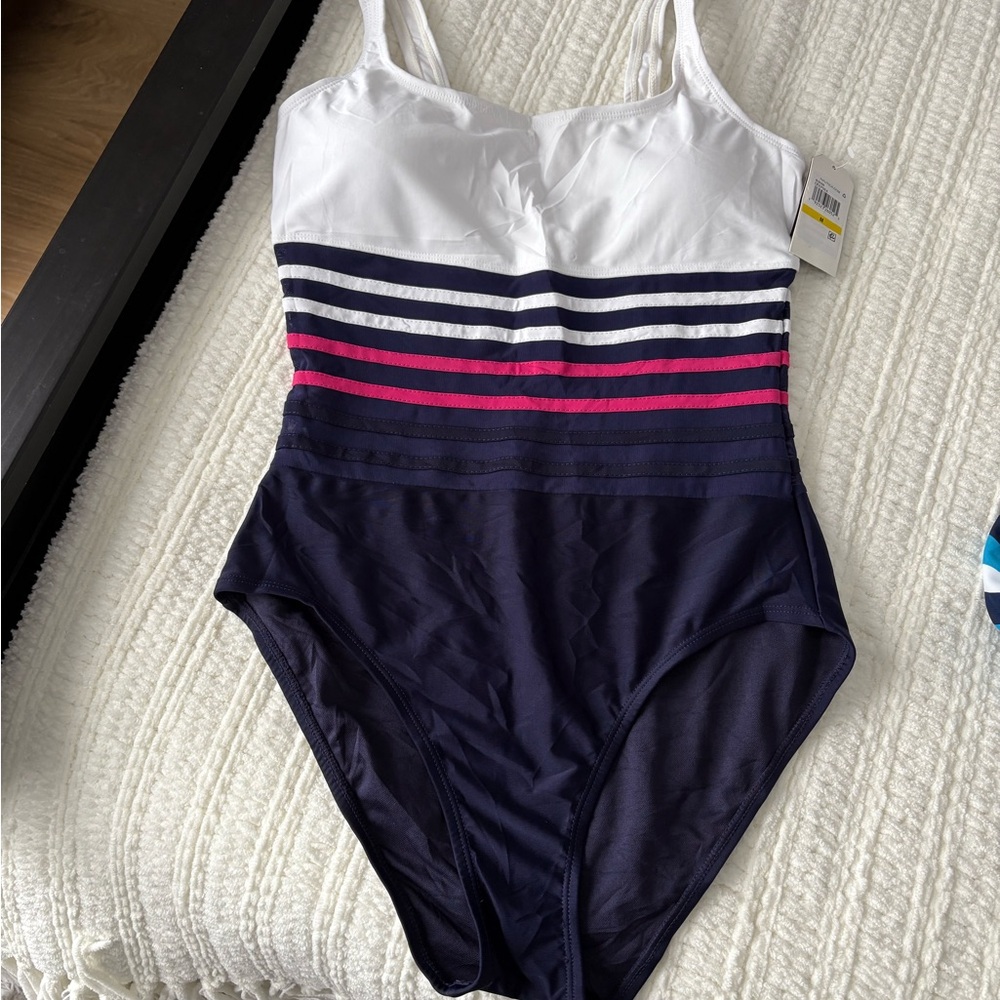 Nautica White and Blue One Piece Swimsuit with Nautical Stripes